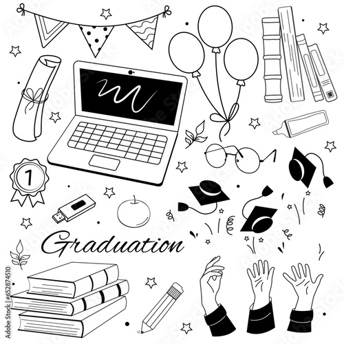 A set of elements on the theme of graduation: books, pencil, laptop, stacks of books, apple, scroll, hands tossing a graduate's hat, flash drive, award, glasses, balls. Vector illustration in doodle.