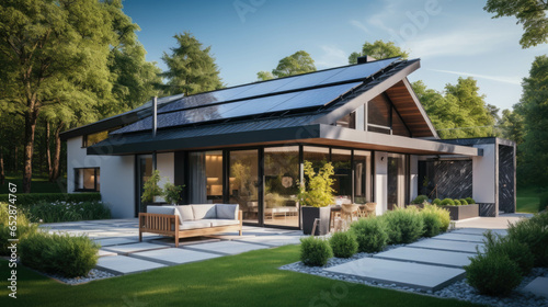 a modern house with solar panels on the roof