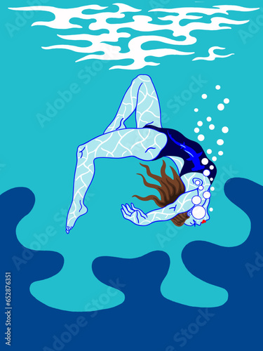 A beautiful, graceful woman is engaged in swimming underwater.