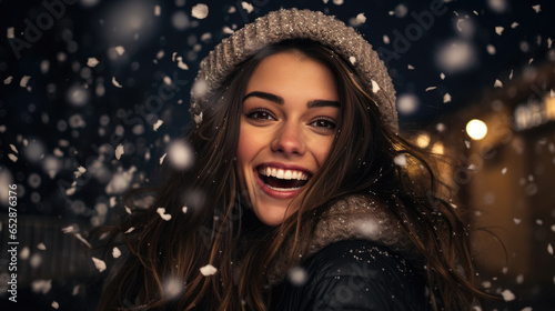 Happy woman smiles in the snowfall outside