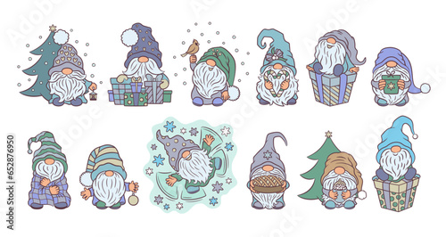 Christmas gnomes set muted colors. Alternative Christmas grey cool palette. Fun winter Scandinavian gnome collection. Xmas vector illustration. Festive holiday clipart for cute print, sticker, card. photo