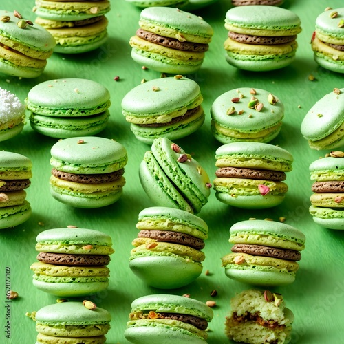  Pistachio macaroons on the table. Generative AI.