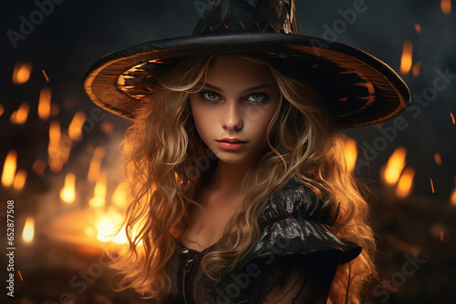 A girl in a witch costume on Halloween