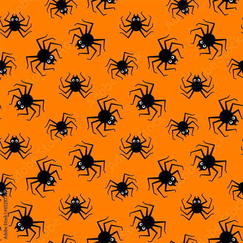 Small black spiders isolated on an orange background. Cute seamless pattern. Vector simple flat graphic illustration. Texture. © far700