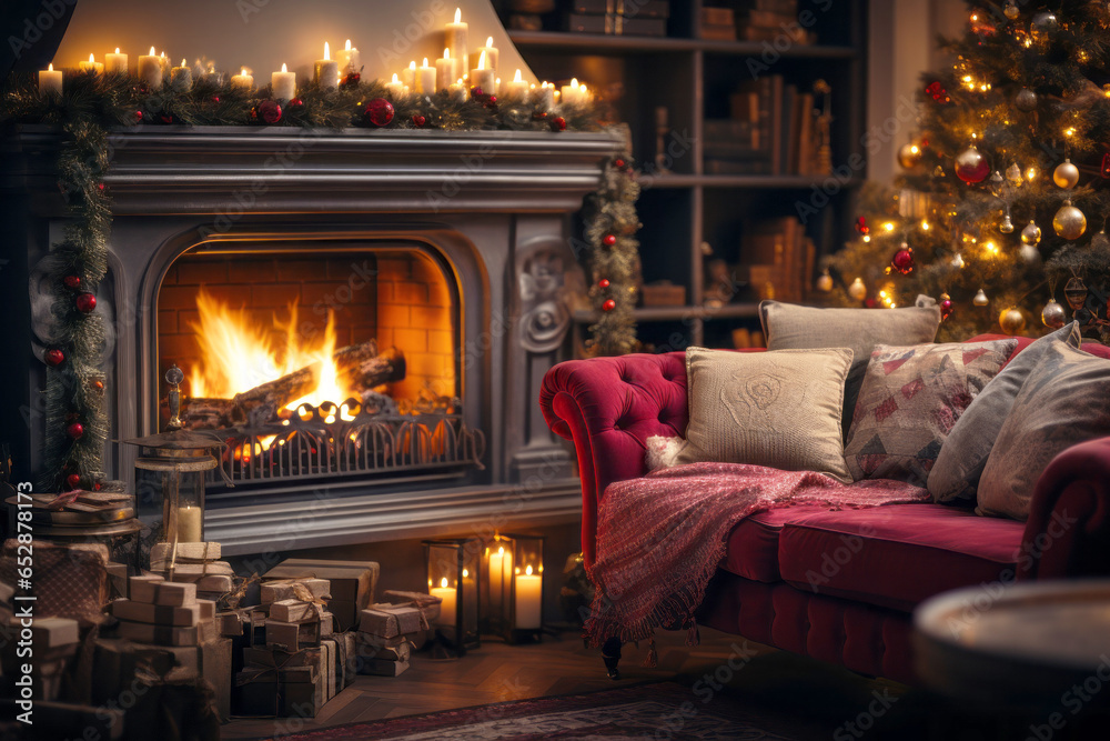 Interior of living room decorated for Christmas with fireplace and Christmas tree. Christmas and New Year celebration concept.