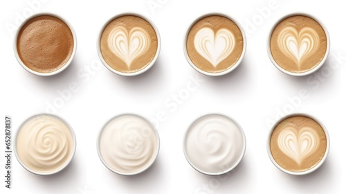 coffee cup assortment top view collection, coffee cup assortment with heart sign top view collection isolated on white background.