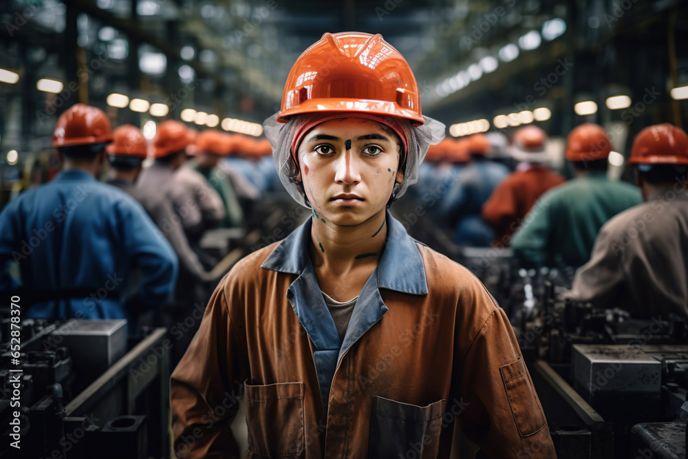 Factory worker wearing a safety helmet in the background of a production line Factory worker wearing a safety helmet in the background of a production line