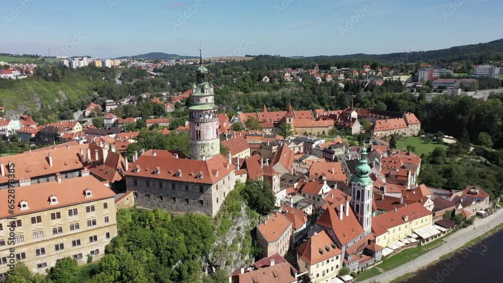 Cesky Krumlov, Czech Republic. Aerial wiew over the historical Krumlov and Vltava river. Summer. Old town. Cesky Krumlov, Czech Republic. Aerial wiew over the historical Krumlov and Vltava river. Summer. Old town.