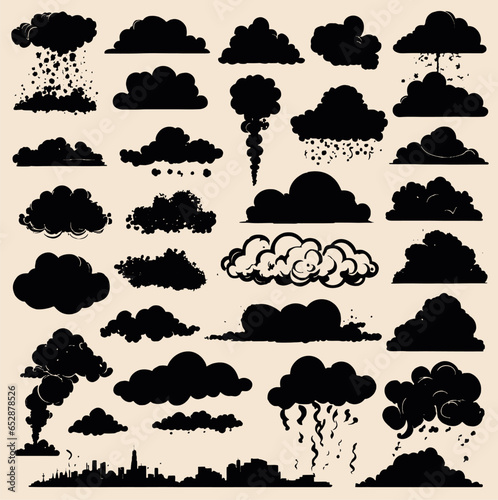 Comic smoke flows, dust, smog and smoke steaming cloud silhouettes on white background Vector illustration in flat style.