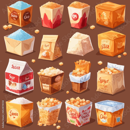 Cube sugar, granulated and crystalline, sugar in canvas bags and carton set on white background Vector illustration in flat style.