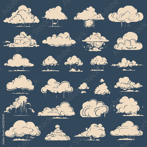 Comic smoke flows, dust, smog and smoke steaming cloud silhouettes on white background Vector illustration in flat style.