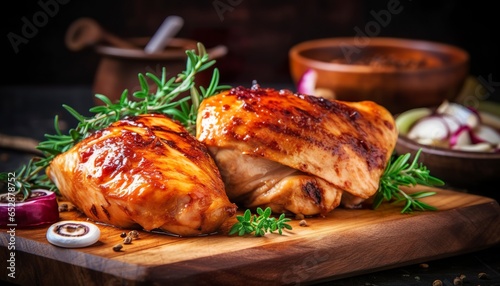 Closeup of tasty roast chicken breast served on wooden board. Grilled chicken. photo