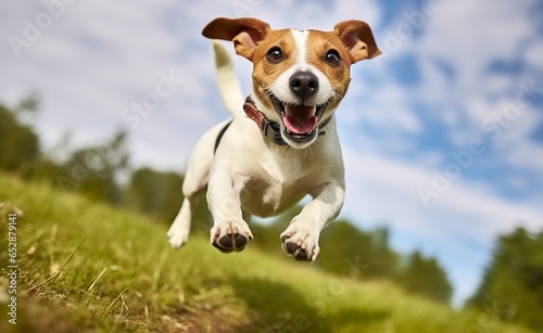 Jack Russel Parson Dog Run Toward The Camera Low Angle High Speed Shot.