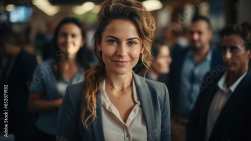 Confident young businesswoman s portrait with her team in the background  a symbol of leadership.