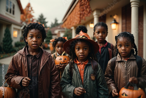 Black kids asking for candy on Halloween. Generative AI.