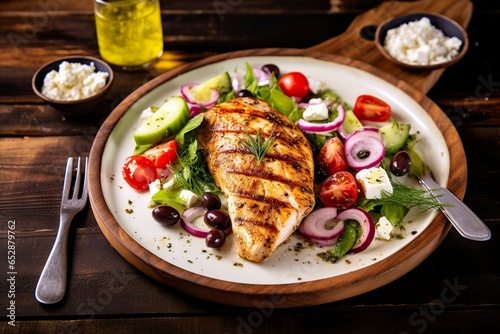 Seared chicken breast and Greek salad on a wooden table.