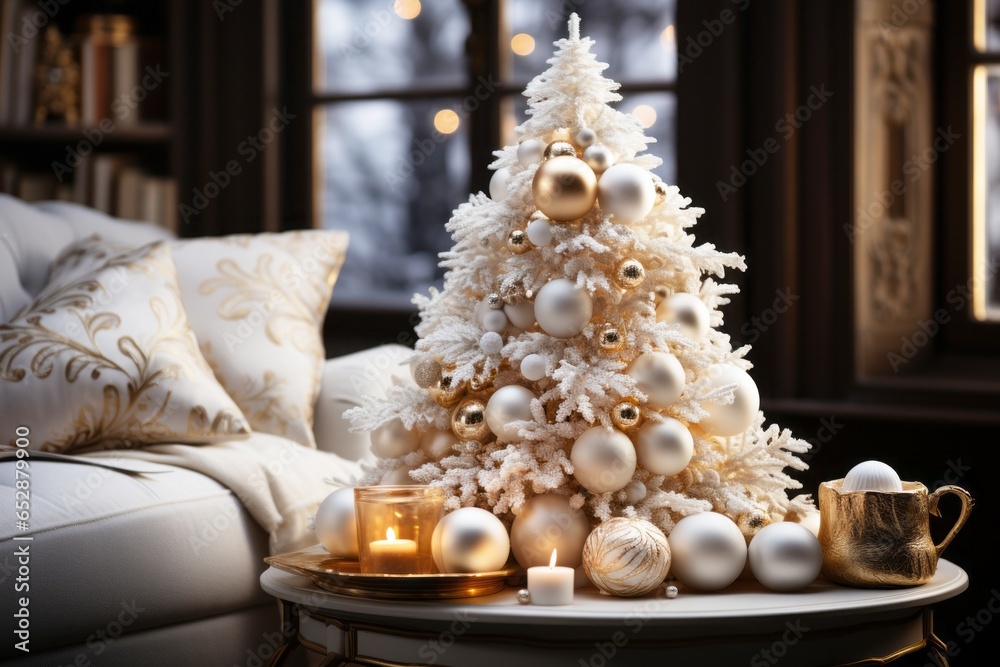 Festive Christmas decorations and lights adorning a cozy living room. Christmas and New Year celebration concept.
