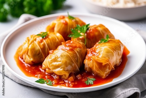 Stuffed cabbage with rice on a white table.