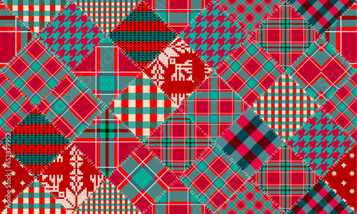 Patchwork textile pattern. Seamless quilting design background. Merry Christmas cozy pattern.