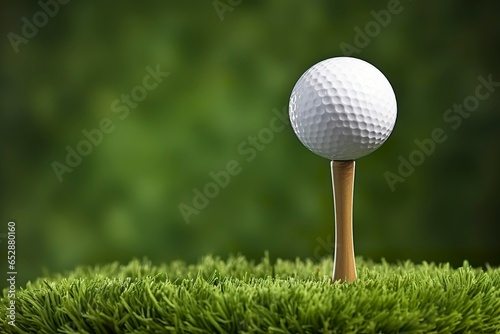 White golf ball on wooden tee with grass. photo
