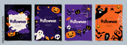 Halloween banners set, party invitation background with clouds, bats and pumpkins in flat design for banner, cover, printing and social media post. Vector illustration.