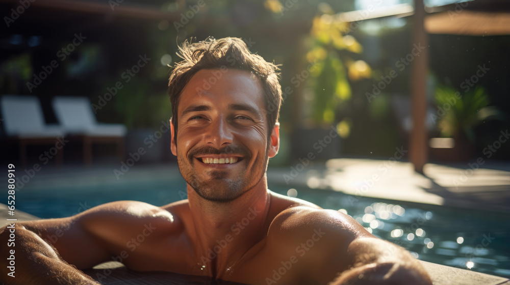 Smiling man relaxes at an expensive resort with a private pool in the background