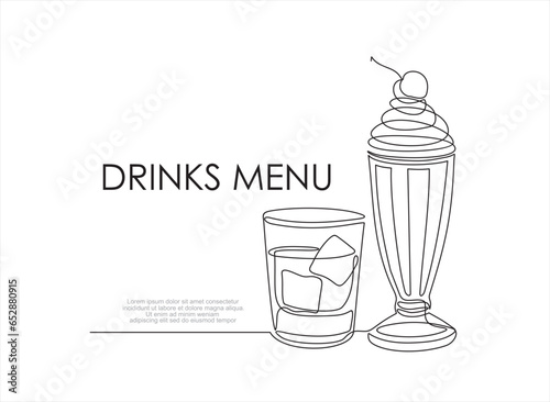 Drinks menu. Continuous one line drawing of glasses with cocktails. Illustration with quote template. Can used for logo, banner, booklet, flyer, brochure