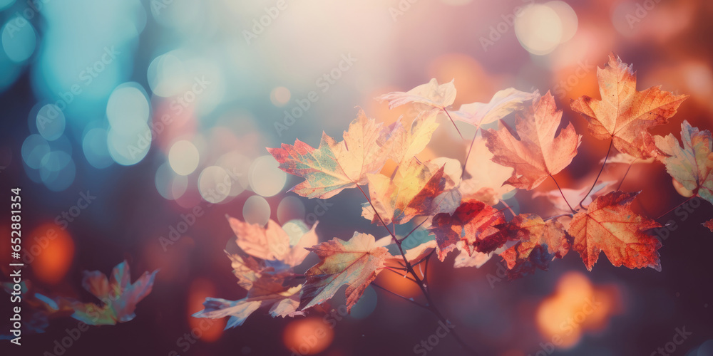 Autumn Leaves Background. Golden, Yellow and Orange Maple Leaves on a blurred fall background