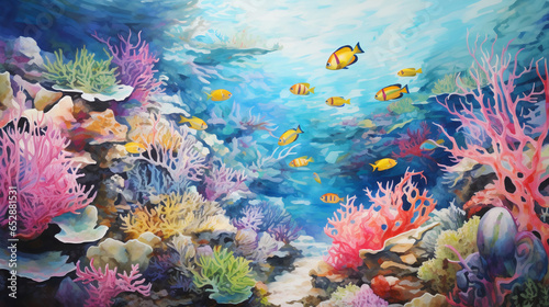 Coral reef and fishes background in watercolor and acrylic style