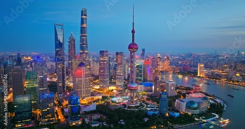 Aerial photography of Shanghai city skyline at night. Creative video for trademark-free advertising