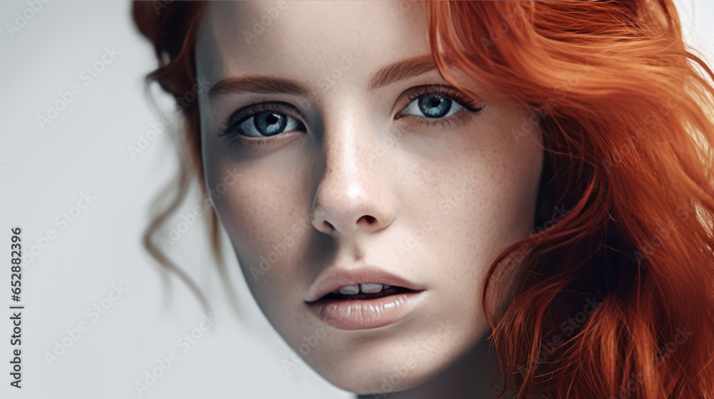 Beauty Young Woman with long curly red hair. Portrait of a Beautiful Sexy Girl with freckles. Sensual Girl