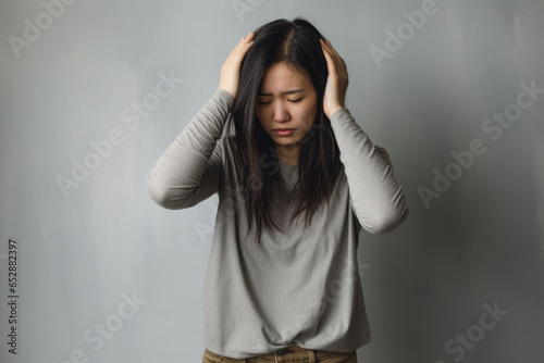 asian girl experiencing depression  or anxiety on white gray background photo