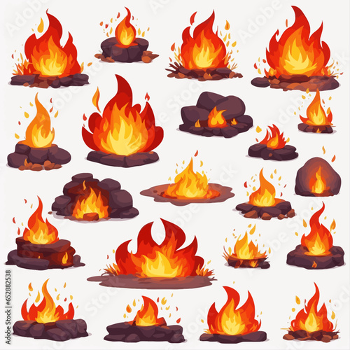 Fire flames, bright fireball, heat wildfire and red hot bonfire, campfire, red fiery flames on white background Vector illustration in flat style.