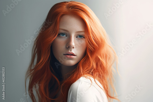 Beauty Young Sexy Woman with long curly red hair. Portrait of a Beautiful Sensual Girl with freckles