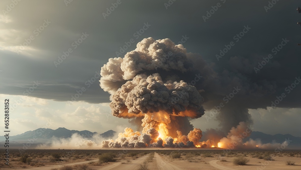 Nuclear bomb blast in a desert. Mushroom cloud. Destruction and nuclear war idea. Science and weapon concept.
 - obrazy, fototapety, plakaty 