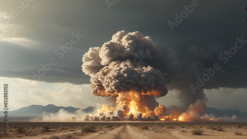 Nuclear bomb blast in a desert. Mushroom cloud. Destruction and nuclear war idea. Science and weapon concept. 