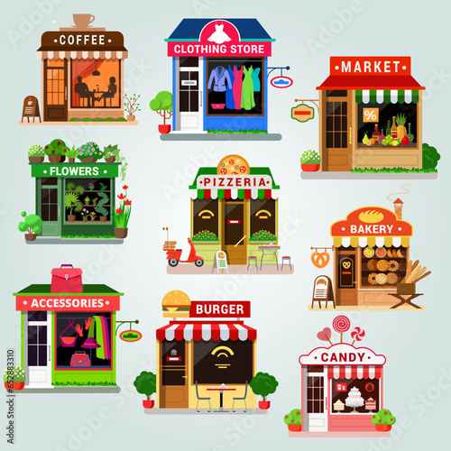 supermarket set vector shop building cartoon with mini store symbols isolated vector illustration shopping mall icons set