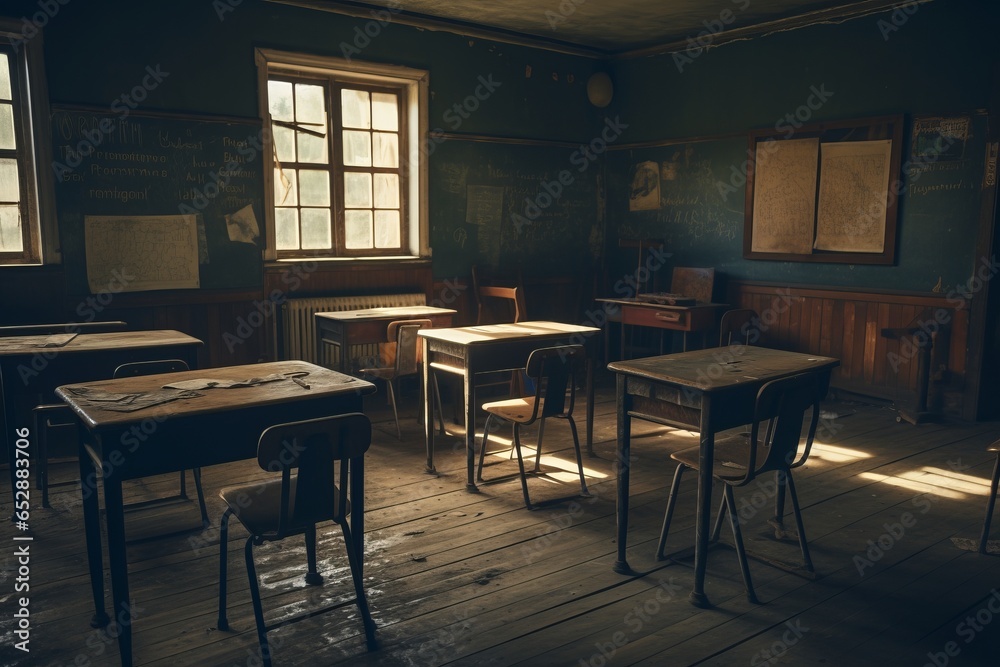 Vintage classroom setting, featuring polished wooden desks and a chalky blackboard, evoking memories of bygone educational days.