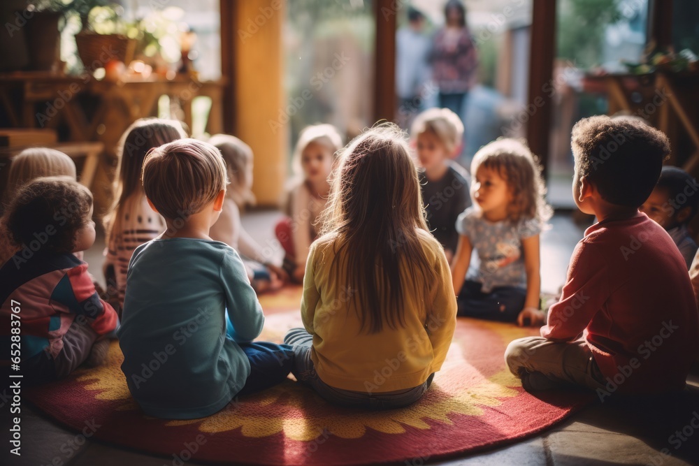 Fototapeta Excited kindergarten children gathered in a circle, eager eyes awaiting the wonders of the next story.