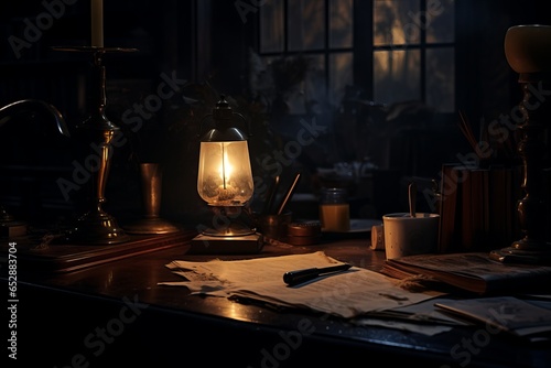 A serene nighttime scene, a solitary desk illuminated by the soft glow of a burning midnight oil lamp, symbolizing dedication.