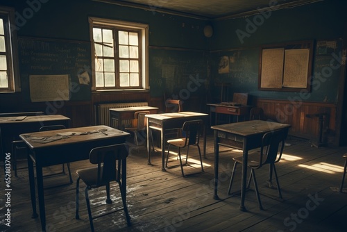 Vintage classroom setting  featuring polished wooden desks and a chalky blackboard  evoking memories of bygone educational days.