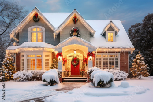 Traditional american residential house with festive garlands lights and Christmas decorations. Suburban neighborhood at winter holidays season. House facade at snowy street on Christmas eve