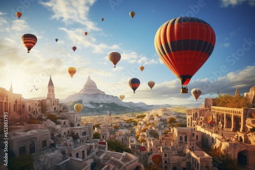 Ethereal hot air balloons, awash in pastel hues, effortlessly float above an ancient city, silhouetted against the dawn sky, encapsulating the blend of history and adventure.