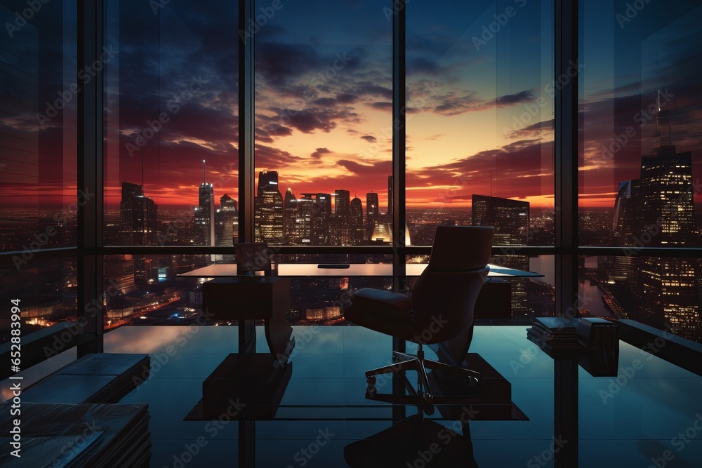 Fototapeta premium Captivating corporate skyline, bathed in the warm hues of sunset, showcasing modern architectural marvels and the promise of endless possibilities.