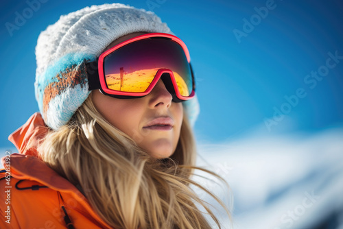 Portrait of female snowboarder in mountains. Woman wearing ski goggles at ski resort. Extreme sports at winter season
