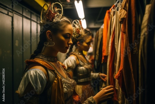 Dancers behind the scenes, bustling with anticipation and last-minute touch-ups before the spotlight.