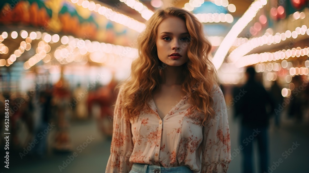 A beautiful blonde model with a retro aesthetic theme, at a carnival at night