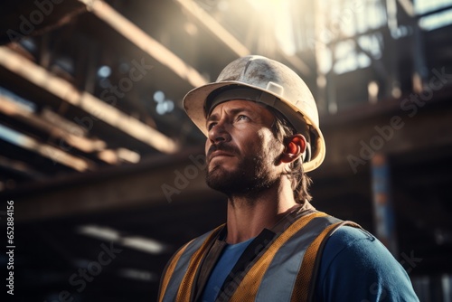 Determined blue-collar worker, clad in protective gear and a sturdy hard hat, vigilantly navigating the bustling construction site.