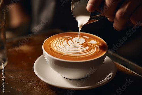 Skilled barista, with a deft touch, crafting intricate latte art atop a freshly brewed coffee, showcasing cafe expertise.