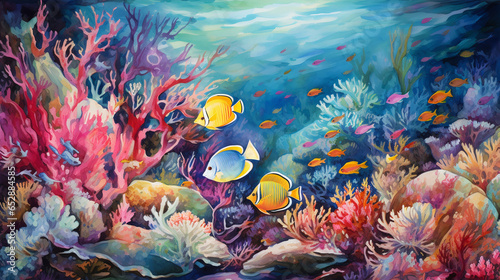 Coral reef and fishes background in watercolor and acrylic style